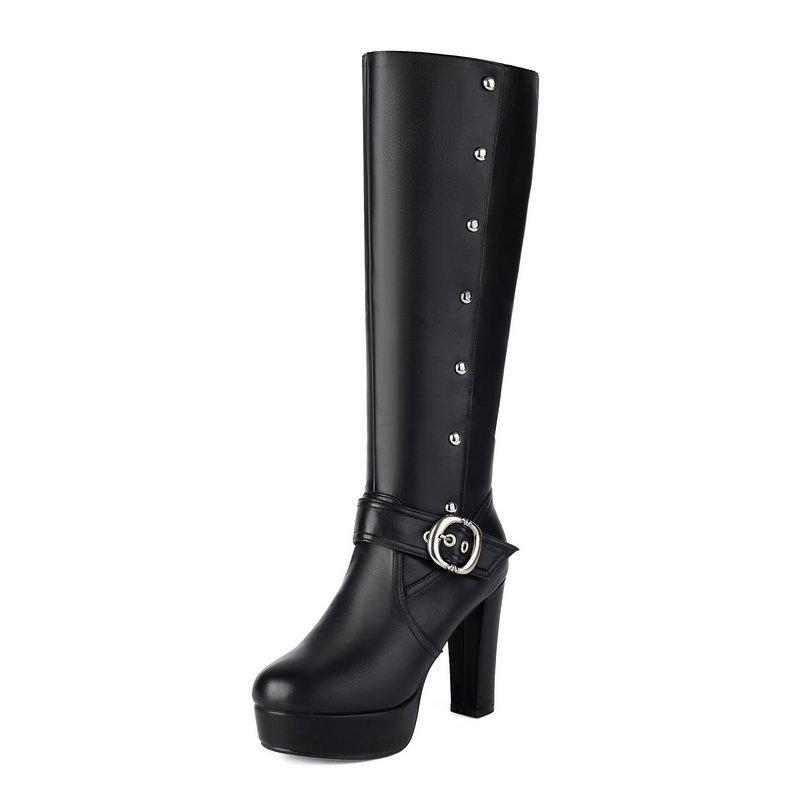 Fashion New Belt Buckle Rivet Decoration Round Head Thick Sole Knee High Boots Women Black Waterproof Platform Plush Warm Knight Boots