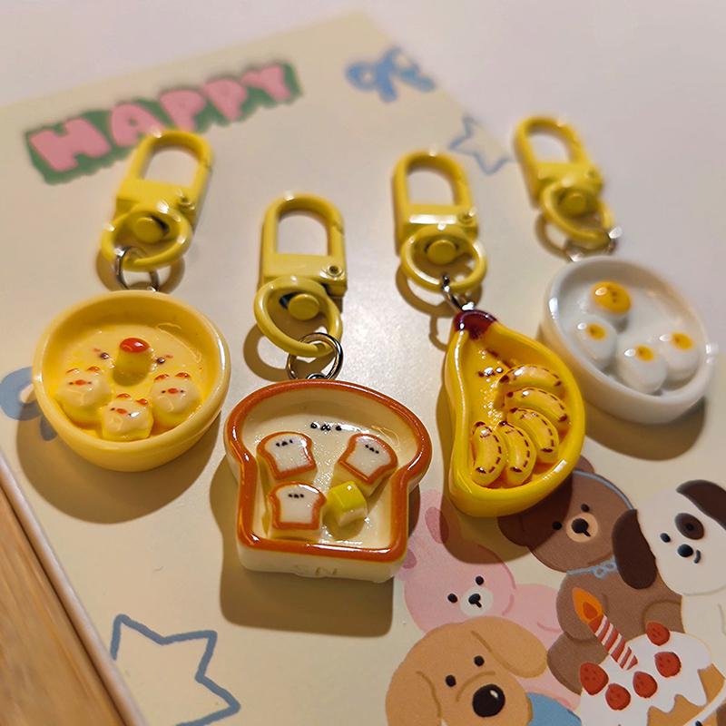 Cute Breakfast Plate Pendant Fun Simulation Food Play Keychain Creative Toast Banana Key Ring Accessorie