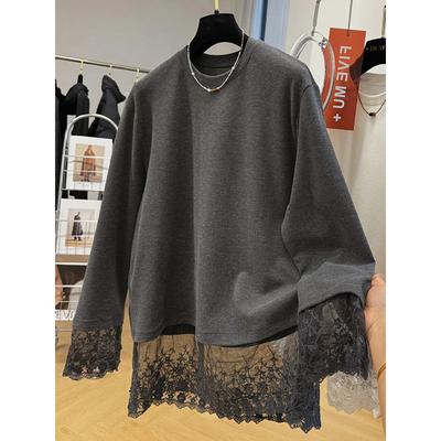 Women's Korean Casual Lace Patchwork Dralon Base Long Sleeved T-shirt Autumn Spring Pullover Versatile Oversize Female Tops