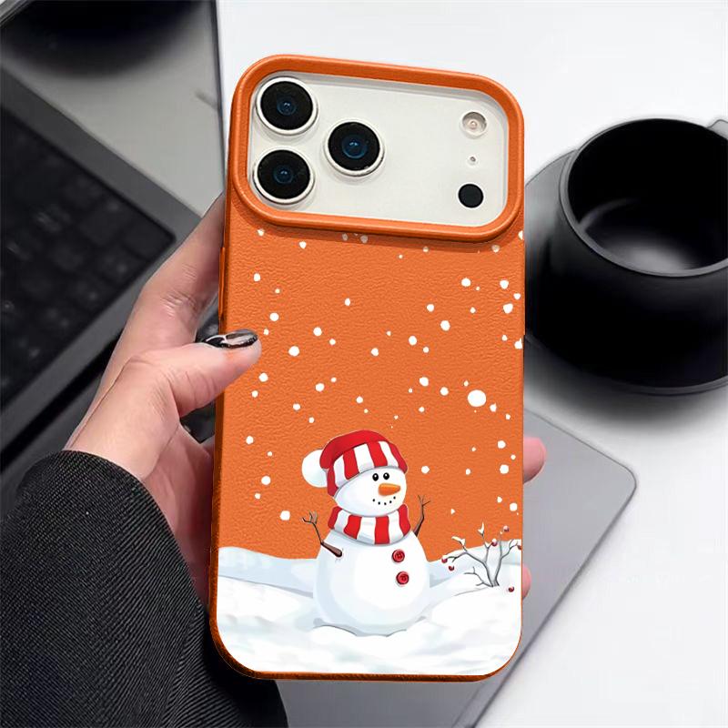 Christmas Winter Snowman Print Phone Case For iPhone Air 17 16 15 14 13 12 Pro Max 17 Pro 11 16e Leather Texture TPU Soft