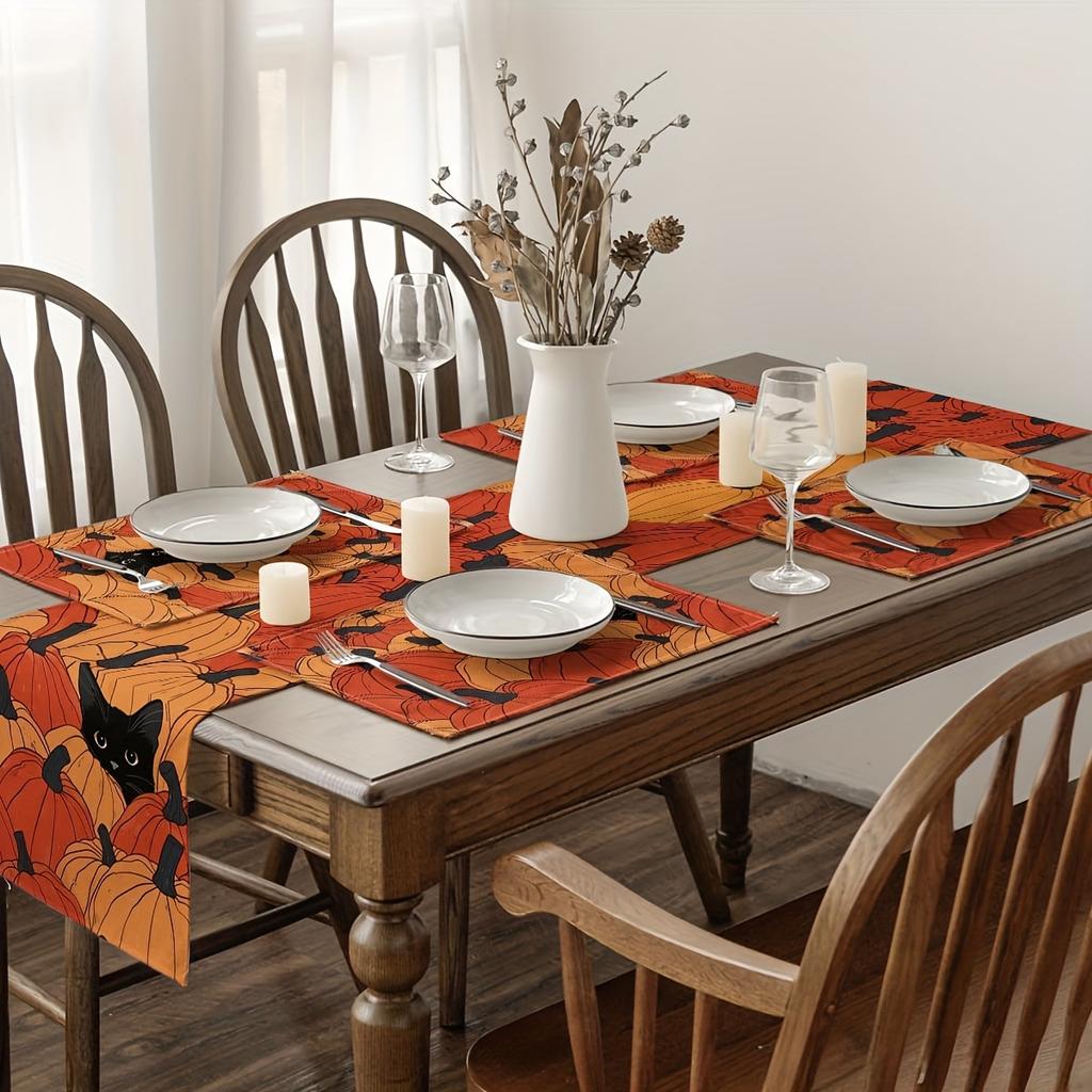 4/6pcs Set Black Cat In Pumpkin Patch Placemats, Seasonal Holiday Decor Suitable for Home Kitchen Dining Indoor Outdoor Use