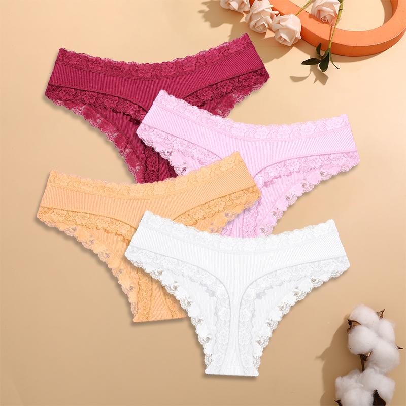 FINETOO S-XXL 4 Peças Algodão Renda Floral Roupa Íntima para Mulheres Calcinhas Sexy Listradas Cor Sólida Meninas Cintura Baixa Respirável Fio Dental Lingerie