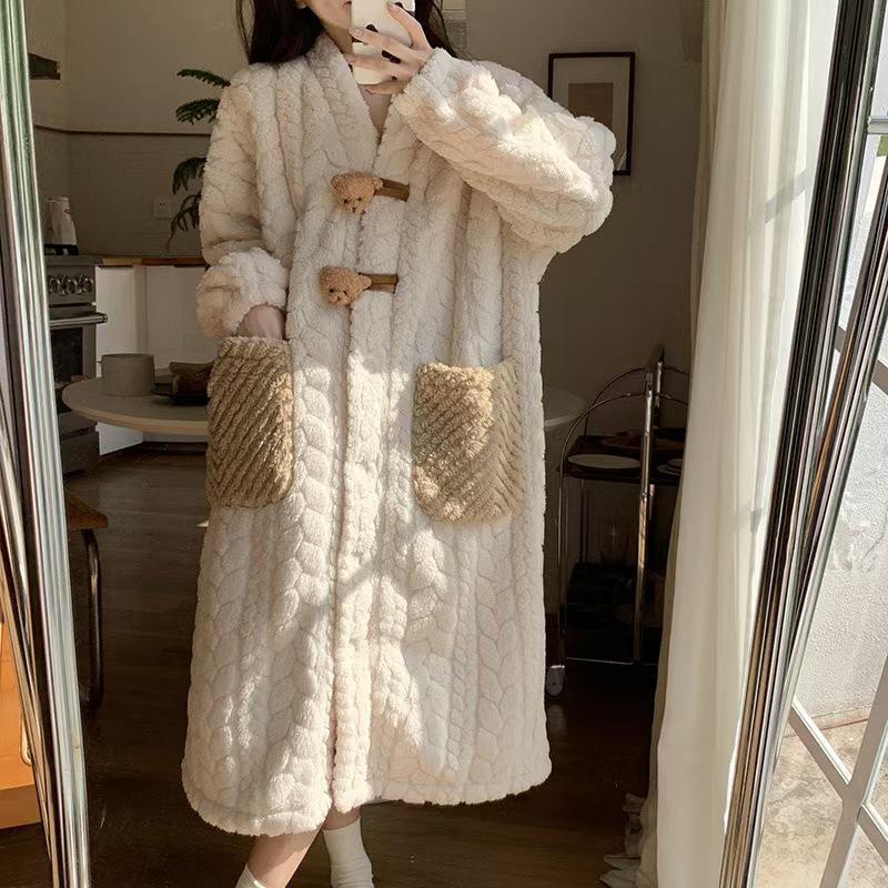 Pijama de fetițe din fleece coral cu ursuleț: Călduros, Drăguț, Cu Glugă, Plus Catifea, Cămașă de Noapte Toamnă/Iarnă