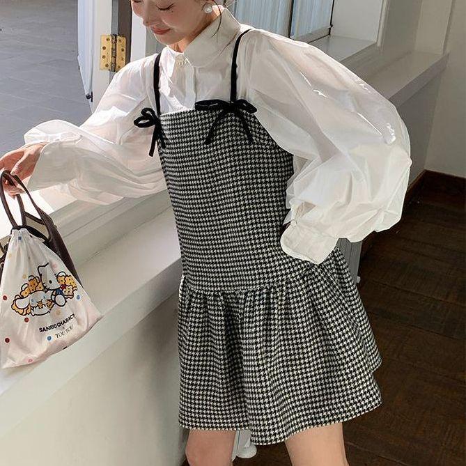 

Houndstooth Spaghetti Strap Velvet Dress - Sweet Autumn/Winter 2026 Short Skirt with Bow for Women M (Recommended weight: 95-105 jin)