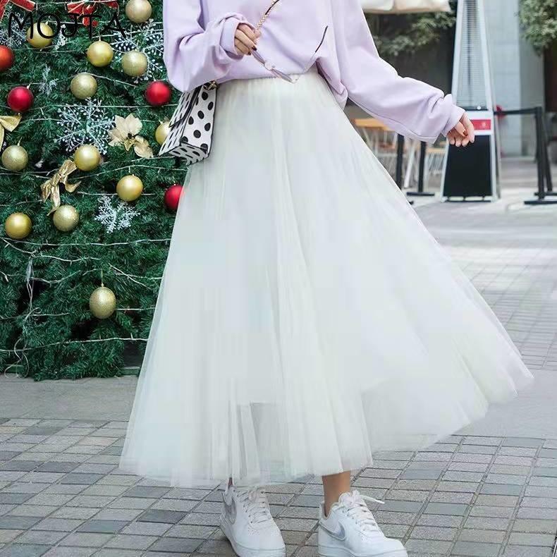 MOJTA Mesh Half Length Skirt Women High Waist Pleated Skirt