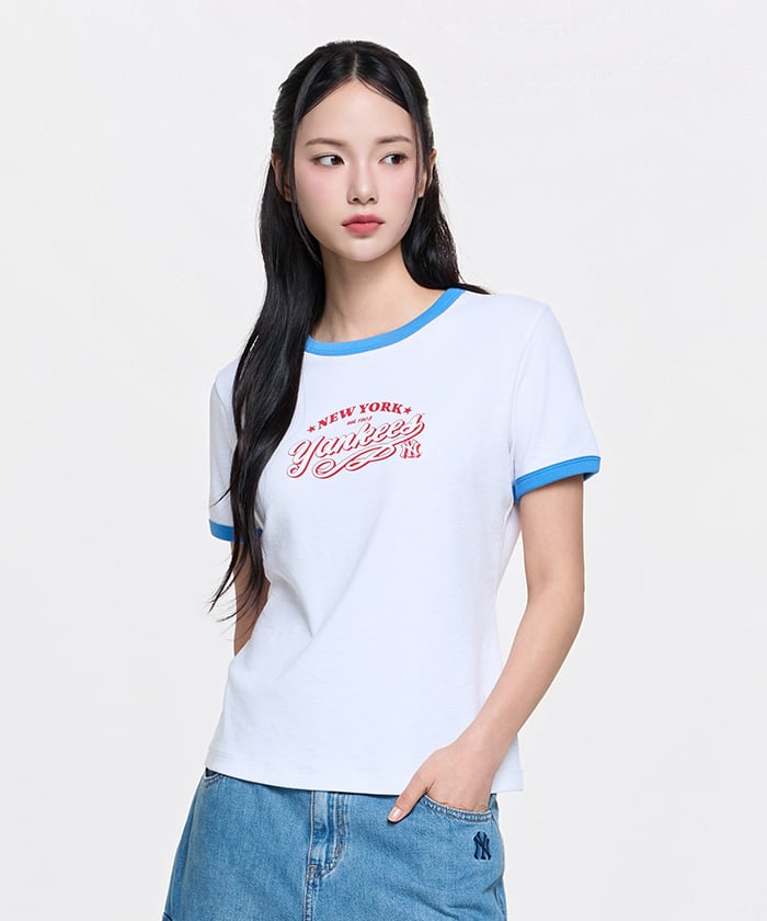Emelbi Women'S Varsity Lettering Slim Slub Ringer T-Shirt Ny (White)