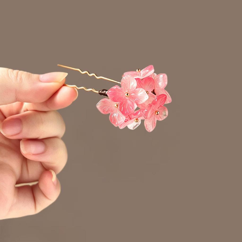 High-End Peach Pink U-Shaped Floral Hairpin for Women - New Chinese Style Updo Xiuhe Headdress