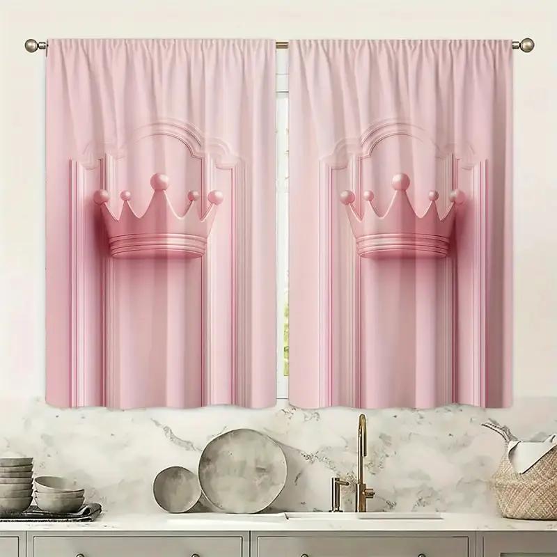 2PCS Pink Crown Curtains   Polyester Material Design with Rod Bags   Bedroom   Home Decoration