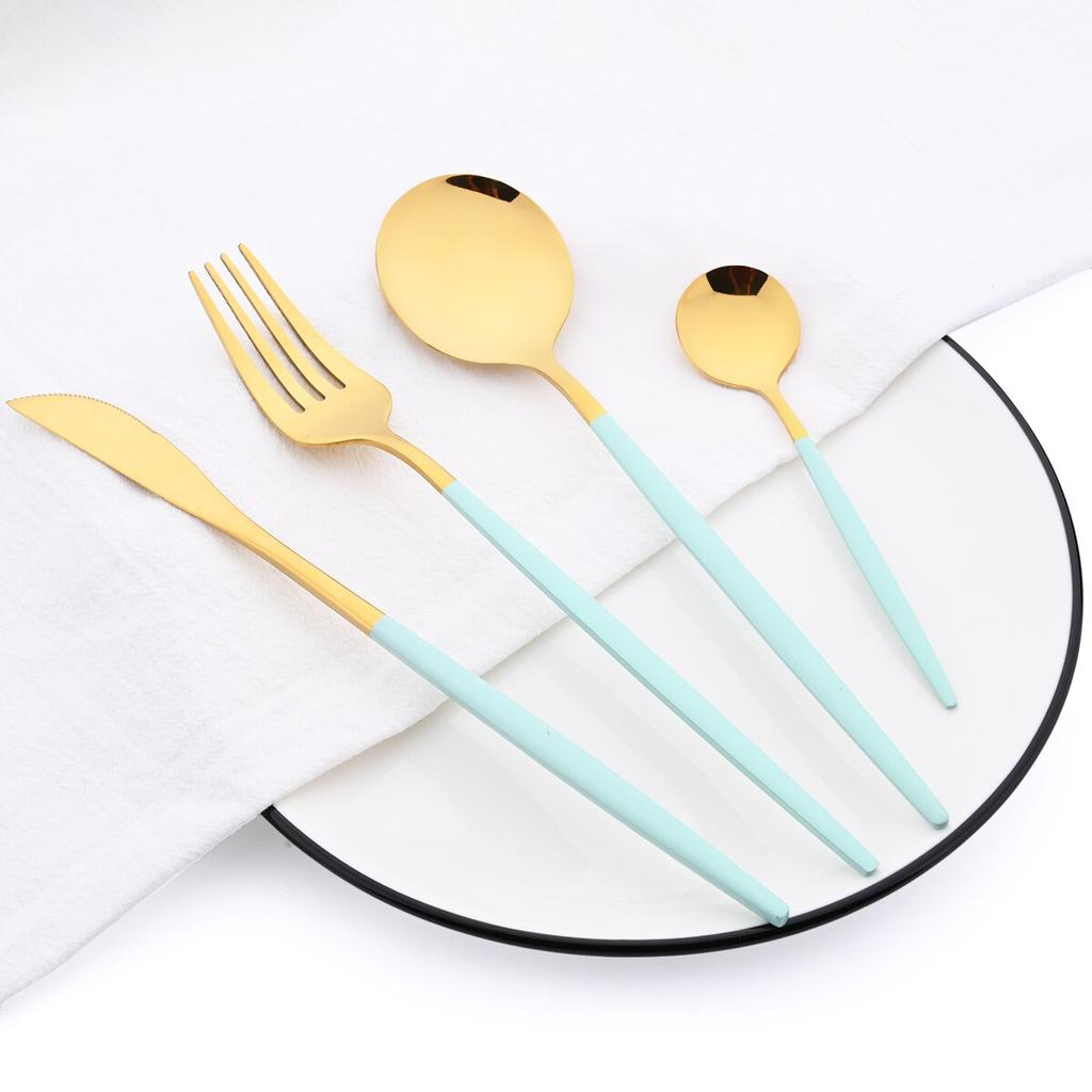 24Pcs Mint Gold Dinnerware Set Knife Fork Coffee Spoon Cutlery Western Stainless Steel Tableware Flatware Kiechen Silverware