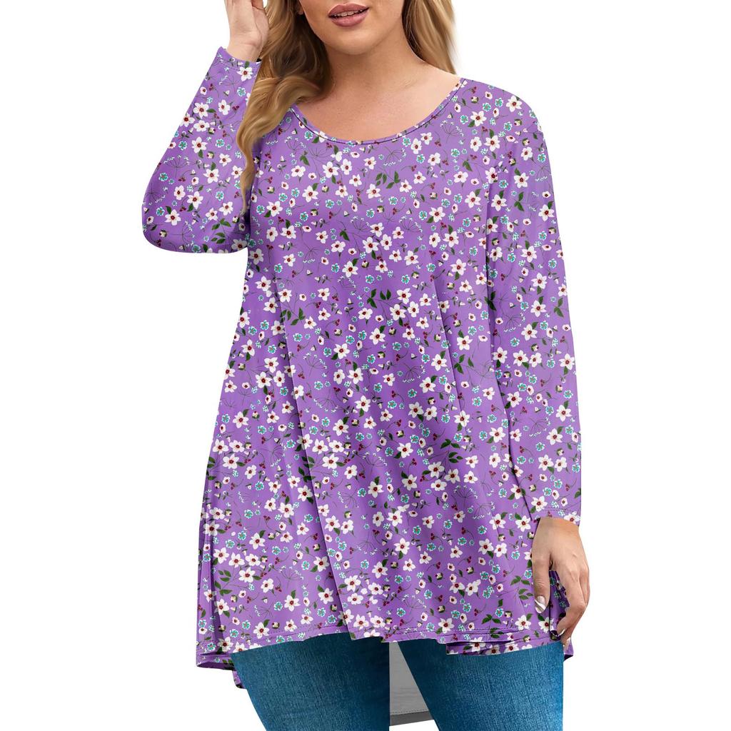 Damen Übergröße Oberteil, Gartenkragen Langarmhemd, Modisches Blumenmuster Freizeit-Top