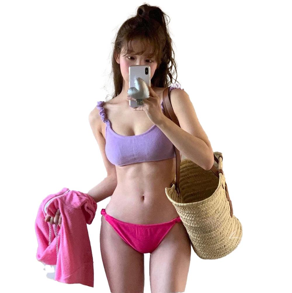 2024 Korean Solid Color Low-Waist Triangle Bikini - Small Chest Gathering Swimsuit
