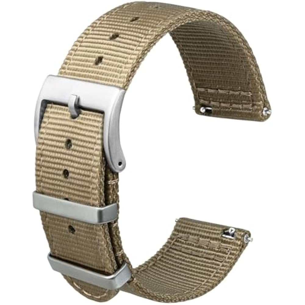 [ANBEER] 20mm Nylon Two-Piece Quick Release Replacement Strap with Metal Loop Khaki Silver Buckle
