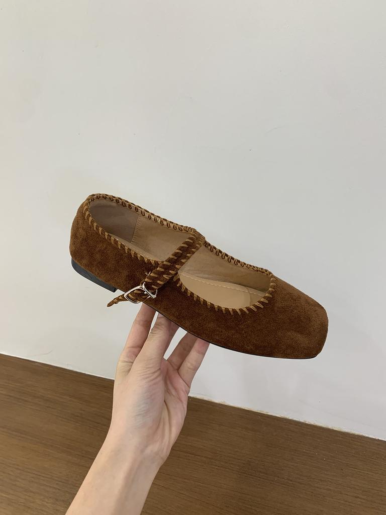 French Suede Ballet Flats Women's 2025 Spring and Autumn New Retro Square Head Casual Flat Mary Jane Single Shoes