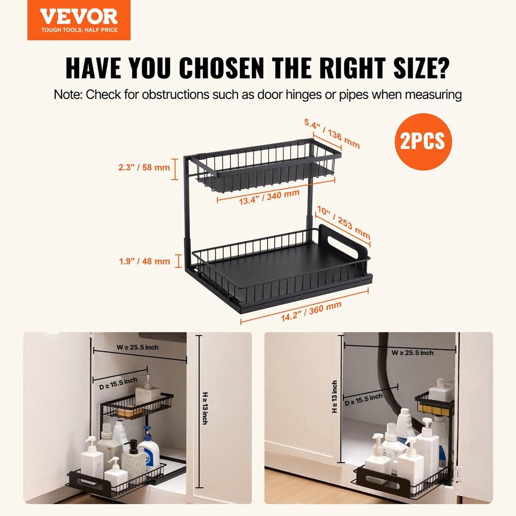 2-Tier Wire Pull Out Cabinet Under Sink Basket Organizer 10.7"x14.2" 2PCS