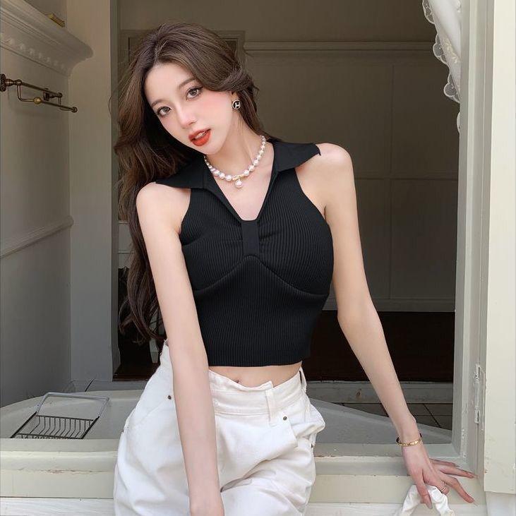 Camisole Tank Top Women's Summer Elegant Polo Collar Short Sleeveless Knitted Hot Girl Backless Top
