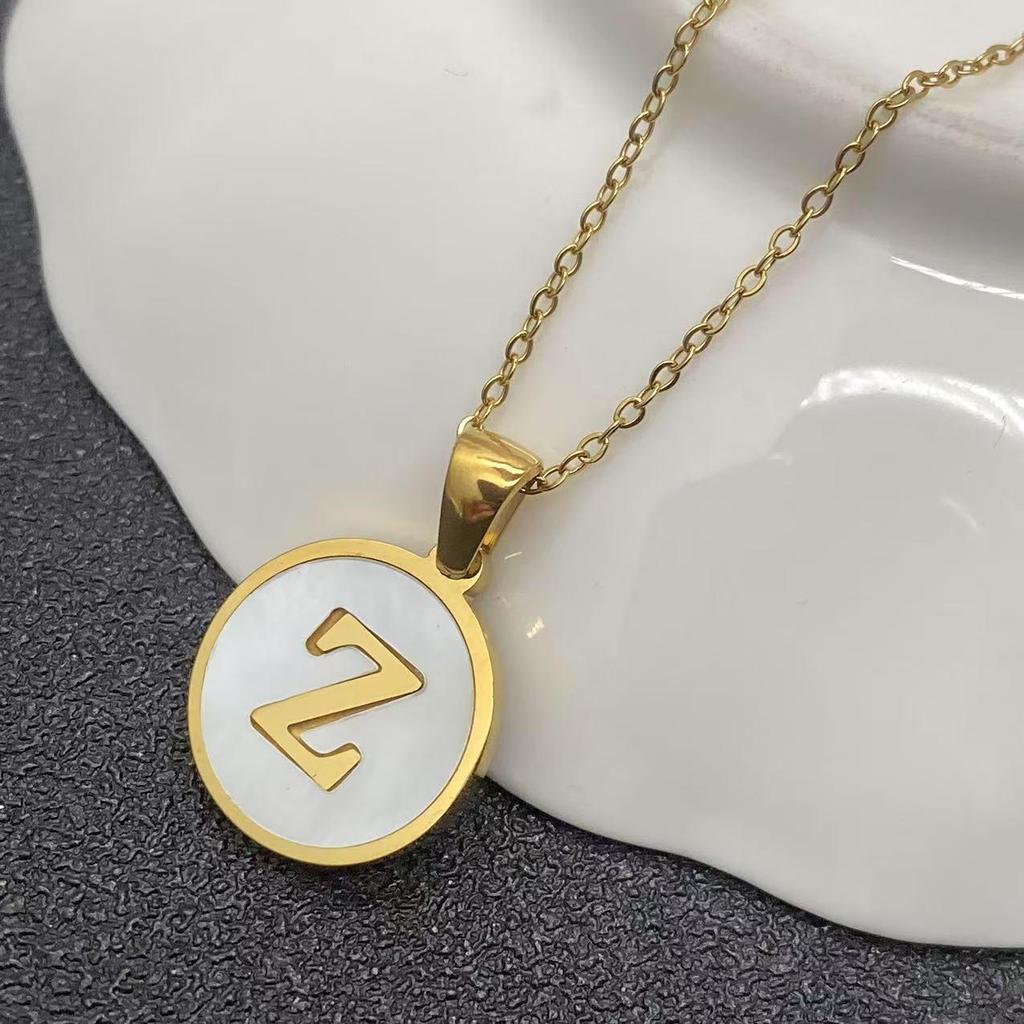 White Stainless Steel Small Round Tag Necklace - 26 Letters, Women's Cold Style Fashion, Versatile Light Luxury, 2025 Collection.