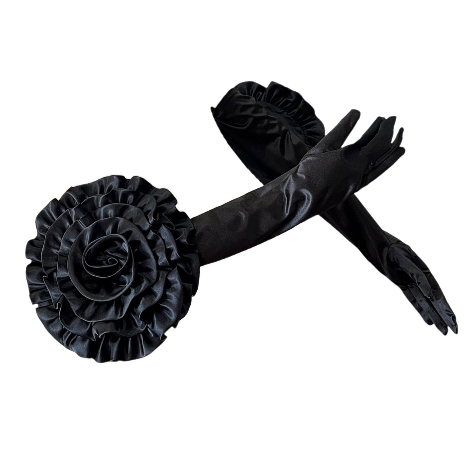 

Satin Gloves Evening Galas Gloves with Large Flower Long Gloves Wedding Bride Gloves Formal Occasion Stage Props Gloves чорний