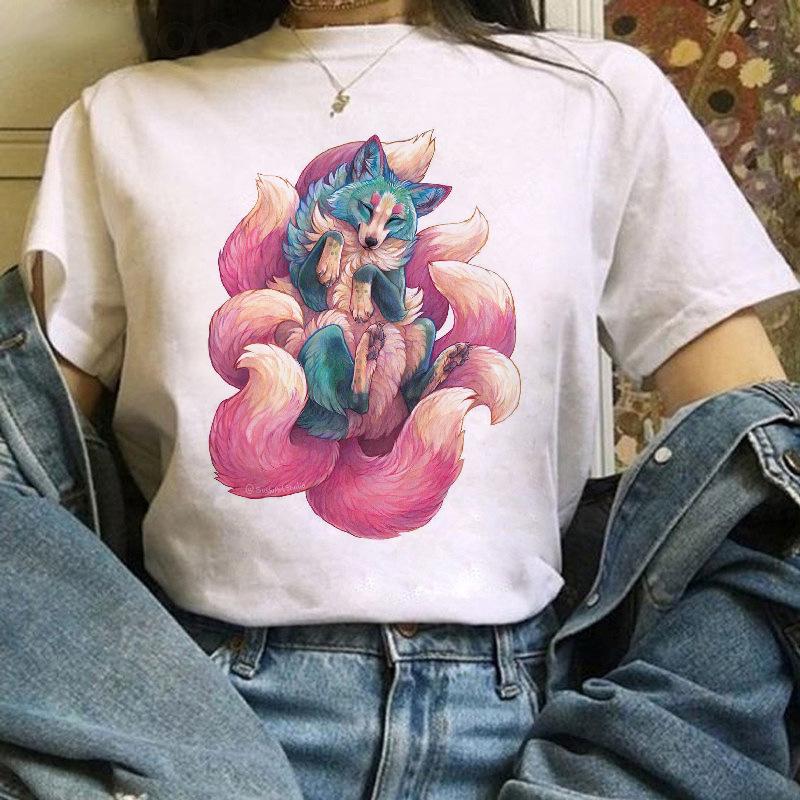 Fox Cartoon Print T Shirt Women Harajuku Casual Funny T Shir Women Clothing Tops Aesthetic Clothes Graphic T Shirts