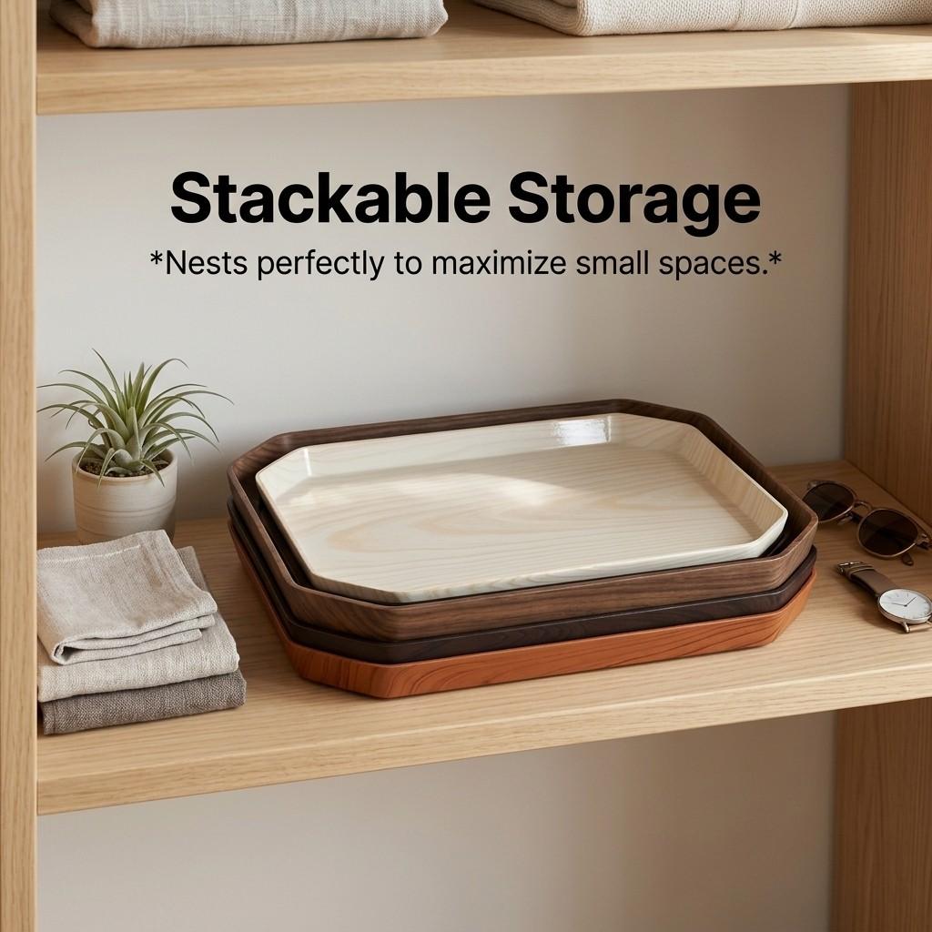 Waterproof Bathroom Vanity Tray Countertop Makeup Organizer Stackable Octagon Plastic Wood Grain Perfume Cosmetic Storage Tray