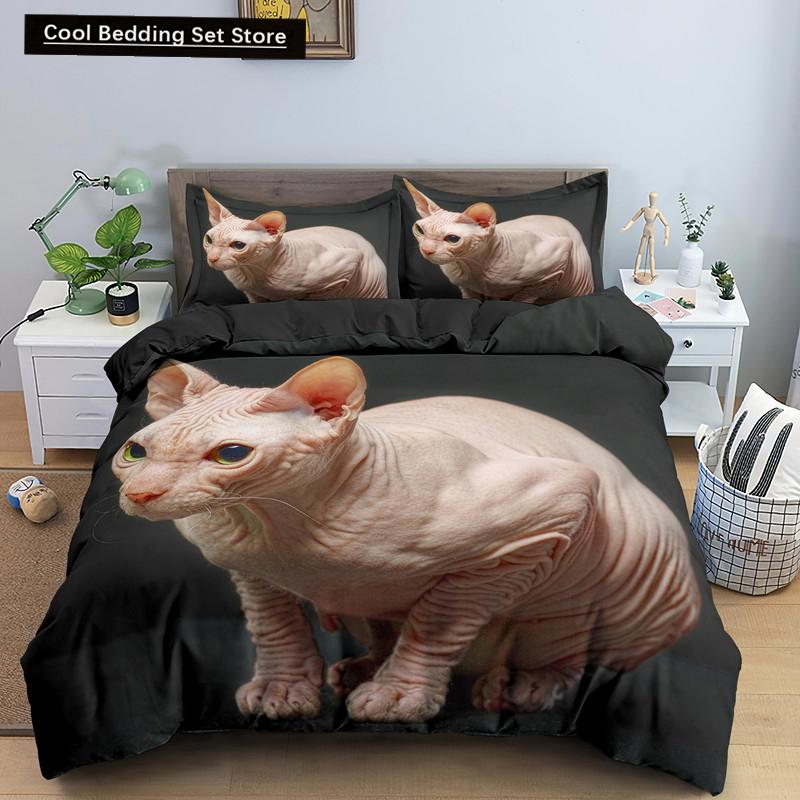 Sphynx Cat King Queen Duvet Cover Lovely Pet Kitty Bedding Set for Kids Teens Adults Animal Grey 2/3pcs Polyester Quilt Cover