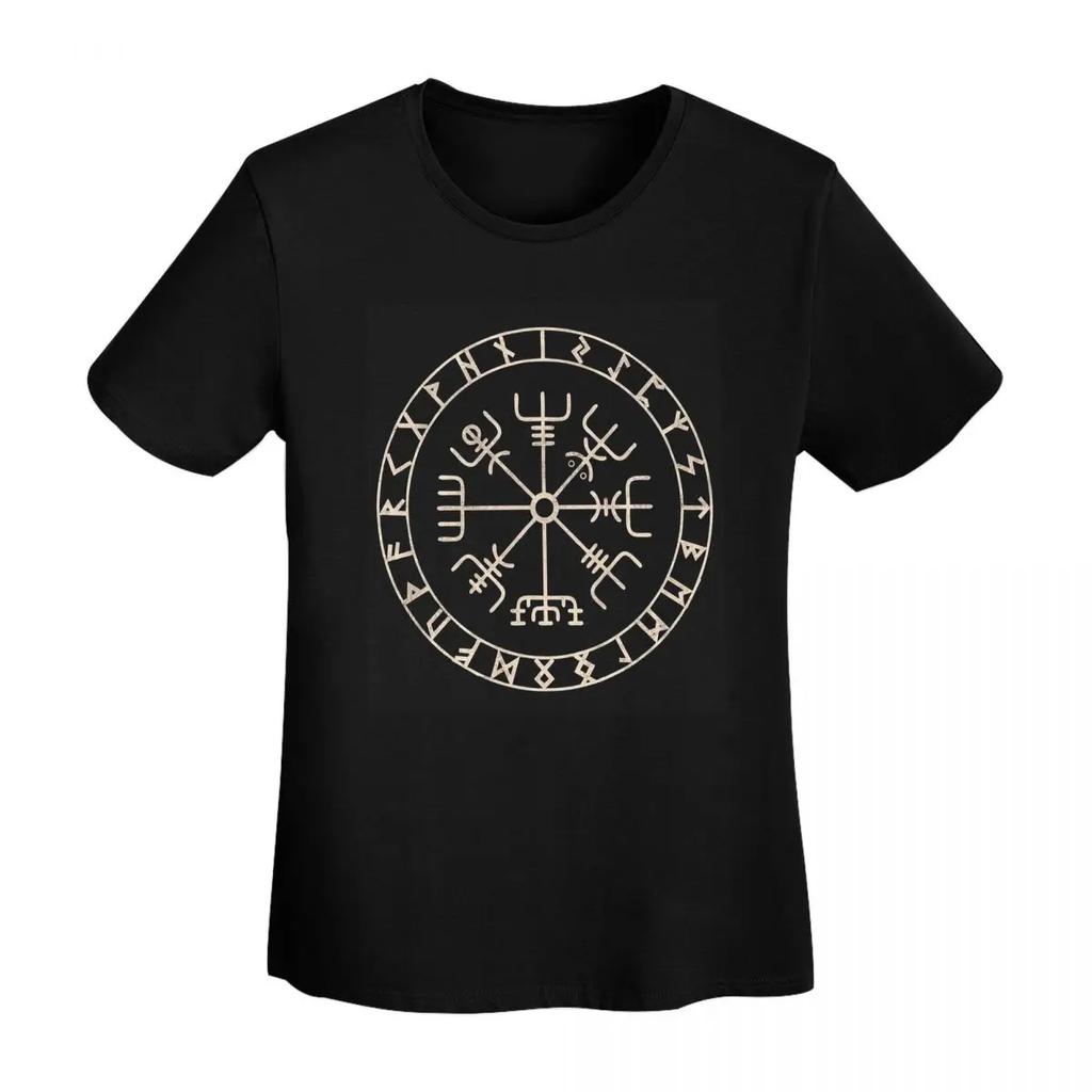 Runiczny Kompas Wikingów Vegvisir Celtycki T-shirt Damski Krótki Rękaw Okrągły Dekolt Bawełniane Letnie Koszulki Streetwear