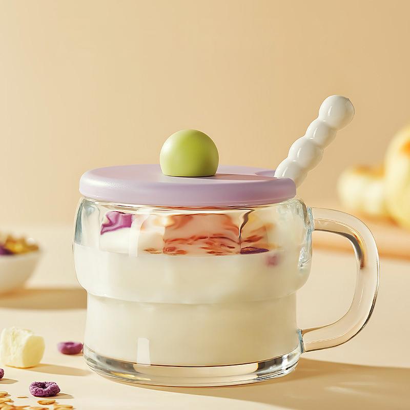 Breakfast Cup with Lid Spoon Milk Cup Handle Oat Cup Transparent Cup Glass Milk Yogurt Cup for Kitchen Bowl Portable Cereal Jar