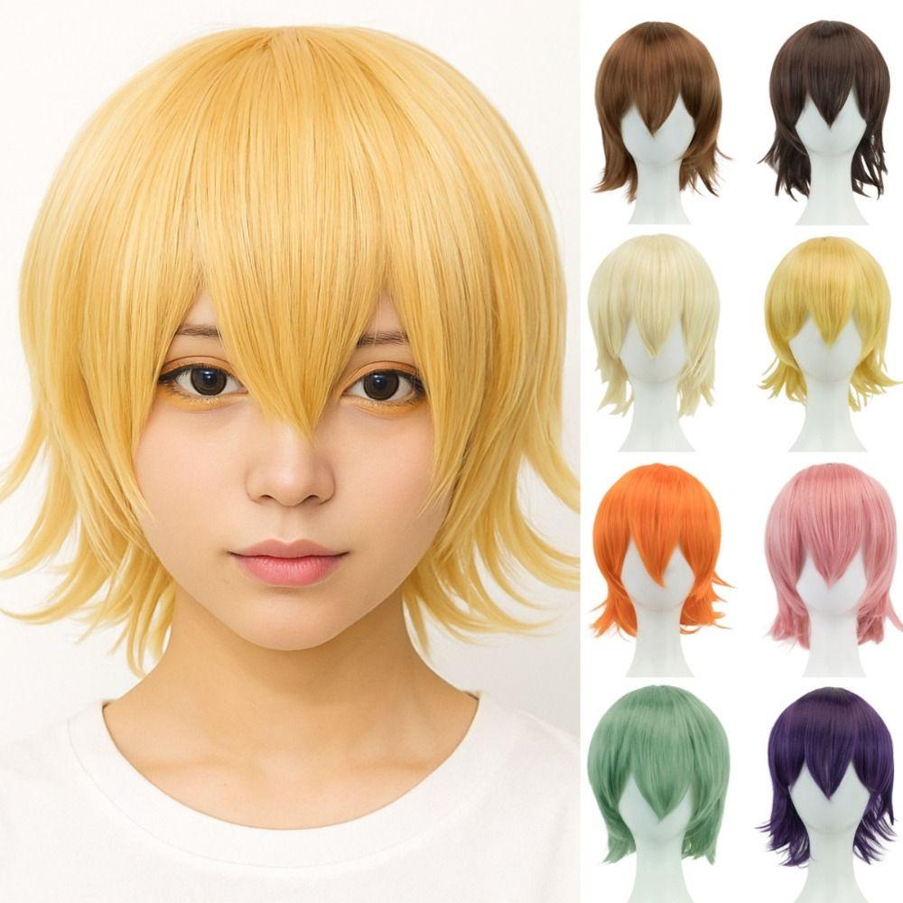 Biondo Rosa Arancione Unisex Corti Cosplay Capelli Sintetici Anime Stratificati Parrucche Uomini Donne