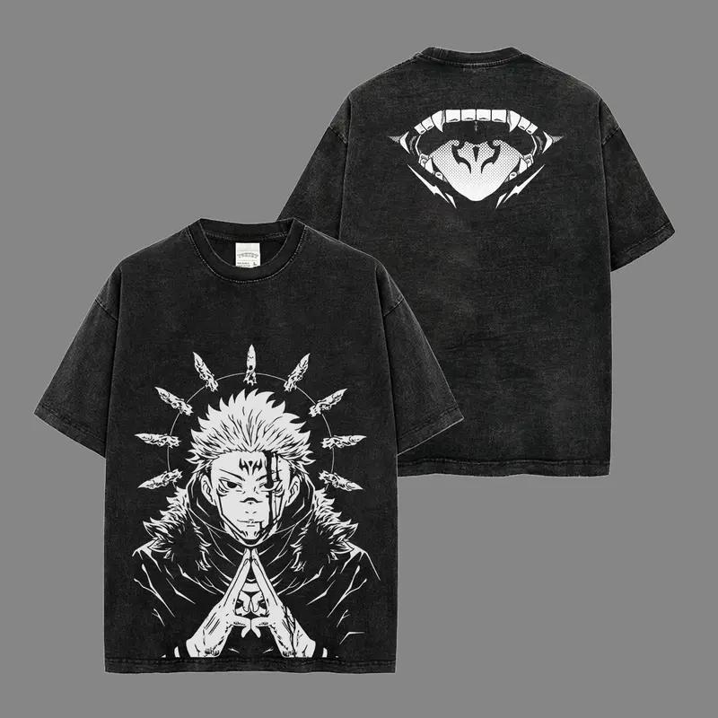 Hot Anime Jujutsu Kaisen Ryomen Sukuna Print T-shirt Men Short Sleeve Clothing Cotton Tshirt Retro Washed T Shirt Harajuku Tops