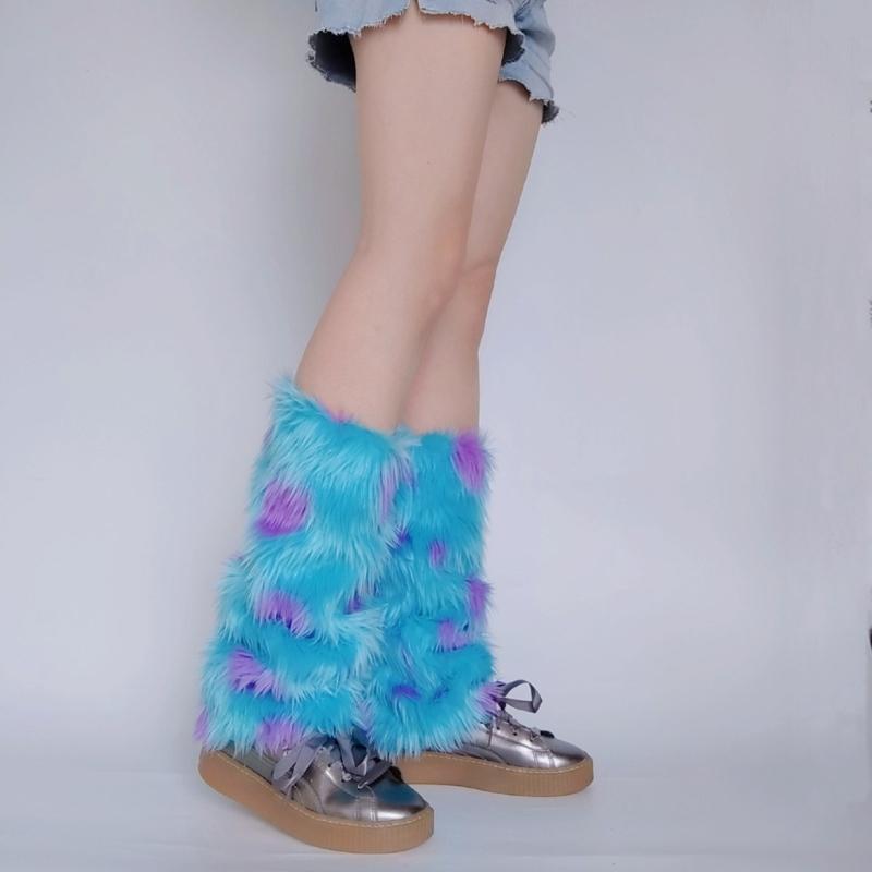 Women Harajuku Winter Warm Plush Leg Warmers Novelty Monsters Colorblock Furry Boots Cover Cosplay Leg Sleeve Long Socks