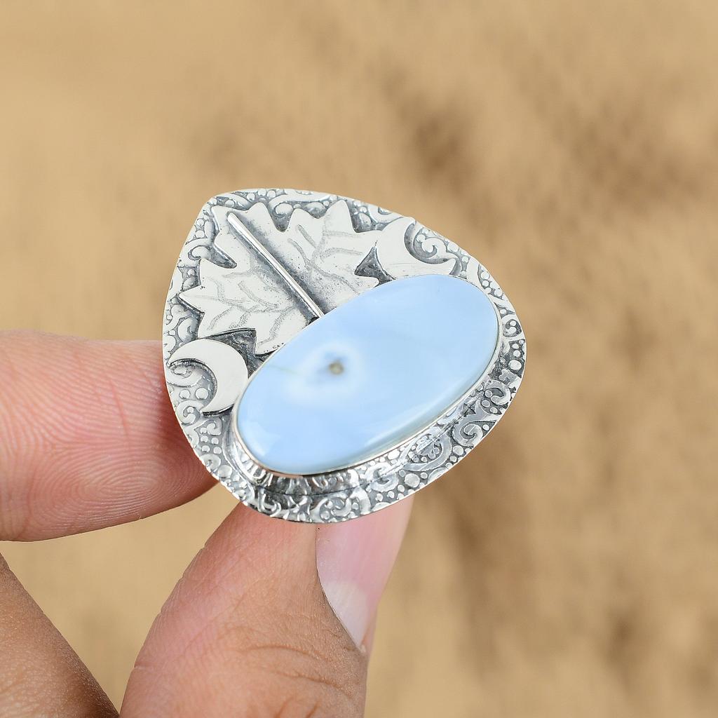 Natural Owyhee Blue Opal Promise Cresent Moon Adjustable Ring 925 Silver