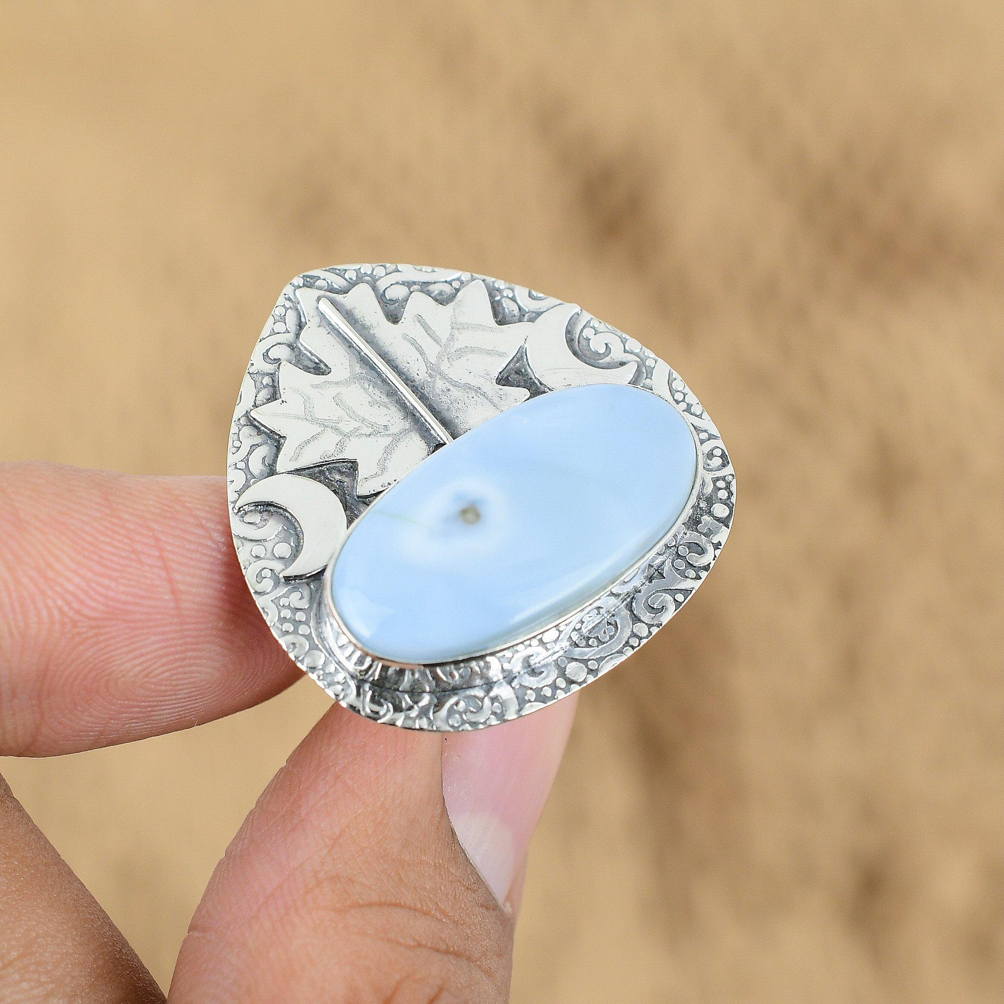 

Natural Owyhee Blue Opal Promise Cresent Moon Adjustable Ring 925 Silver Yes