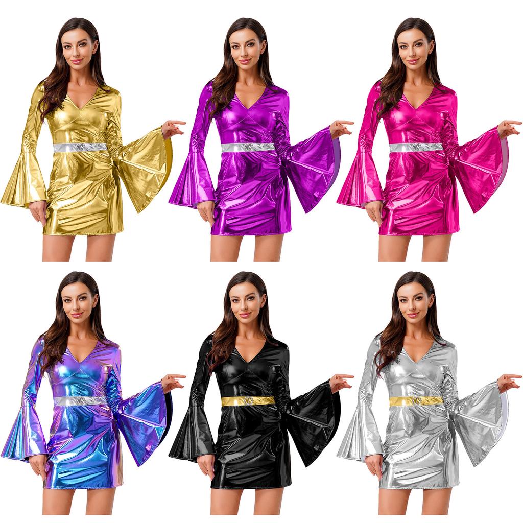 Womens 70s Disco Costume V Neck Flared Sleeve Crystal Decor Metallic Shiny Bodycon Dress