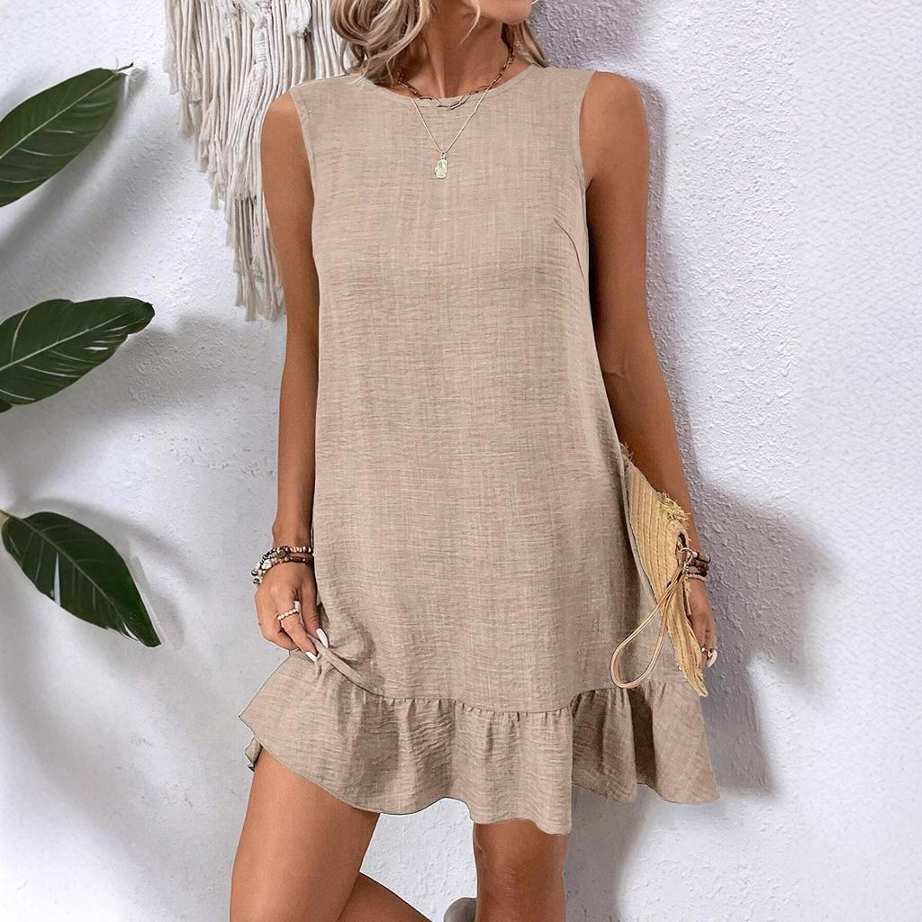 Women's Round Neck Sleeveless Mini Dress Loose Mid Waist A Line Dress Ruffle Hem Solid Polyester Casual Summer Beach Outfit