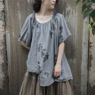 Women Vintage Print Floral T-Shirts Summer Summer O-Neck Short Sleeve Irregular Women T-Shirts