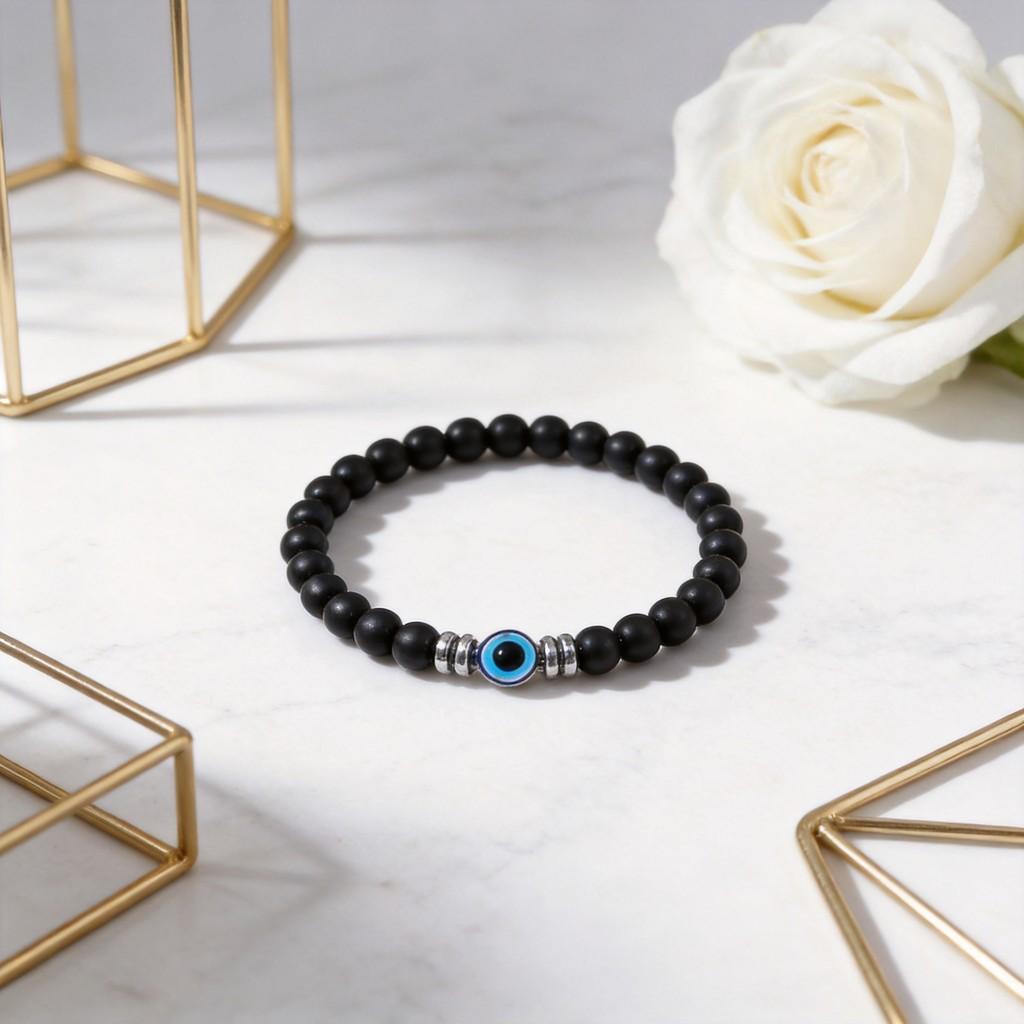 Geometric Mens Handmade Black Glass Lava Rock Beaded Bracelet For Gift