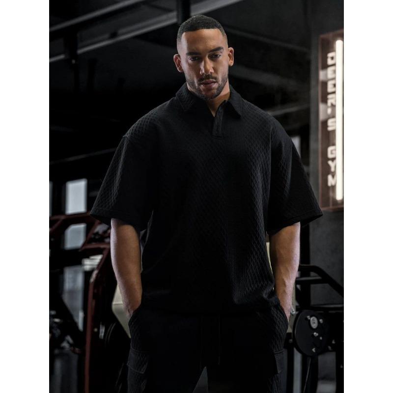 Men's Oversized Quilted Polo Shirt Cream Color Short Sleeve Button Collar Casual Loose-Fit Textured Knit Top