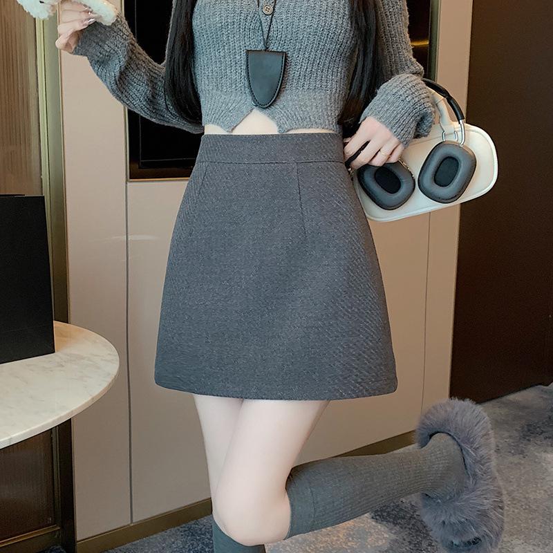 Women s High Waist Gray Plaid A-Line Wool Skirt - Petite, Anti-Exposure, Autumn/Winter Style L серый