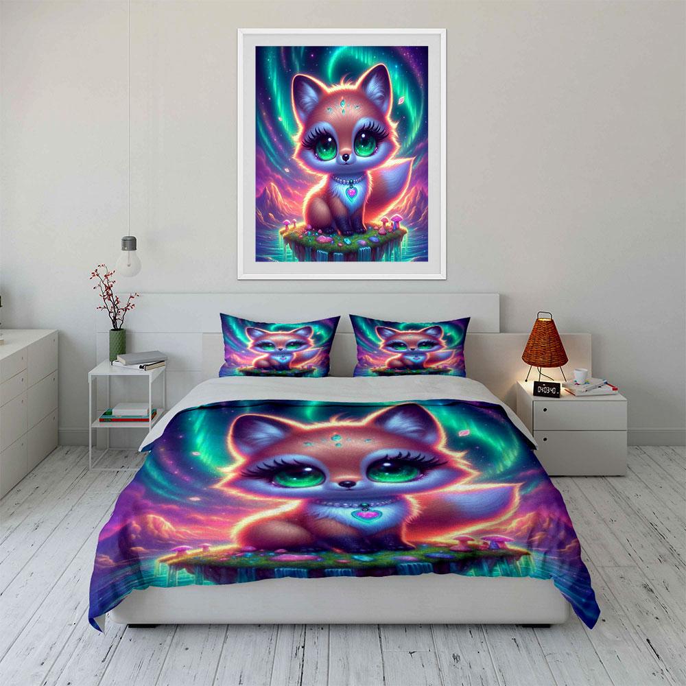 Dreamy Glowing Fox With Aurora Background Printed Duvet Cover Set1 Duvet Cover+2 Pillowcasemulti Size Bedroom Bedding Decor