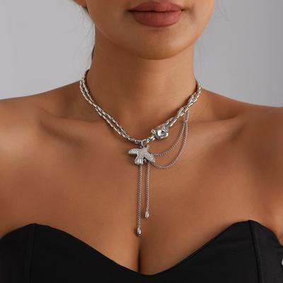 Hip-hop Cool Trendy Sliver Color Flying Pigeon Tassel Pendant Double-layer Rice Bead Necklace for Women Dove of Peace Jewelry