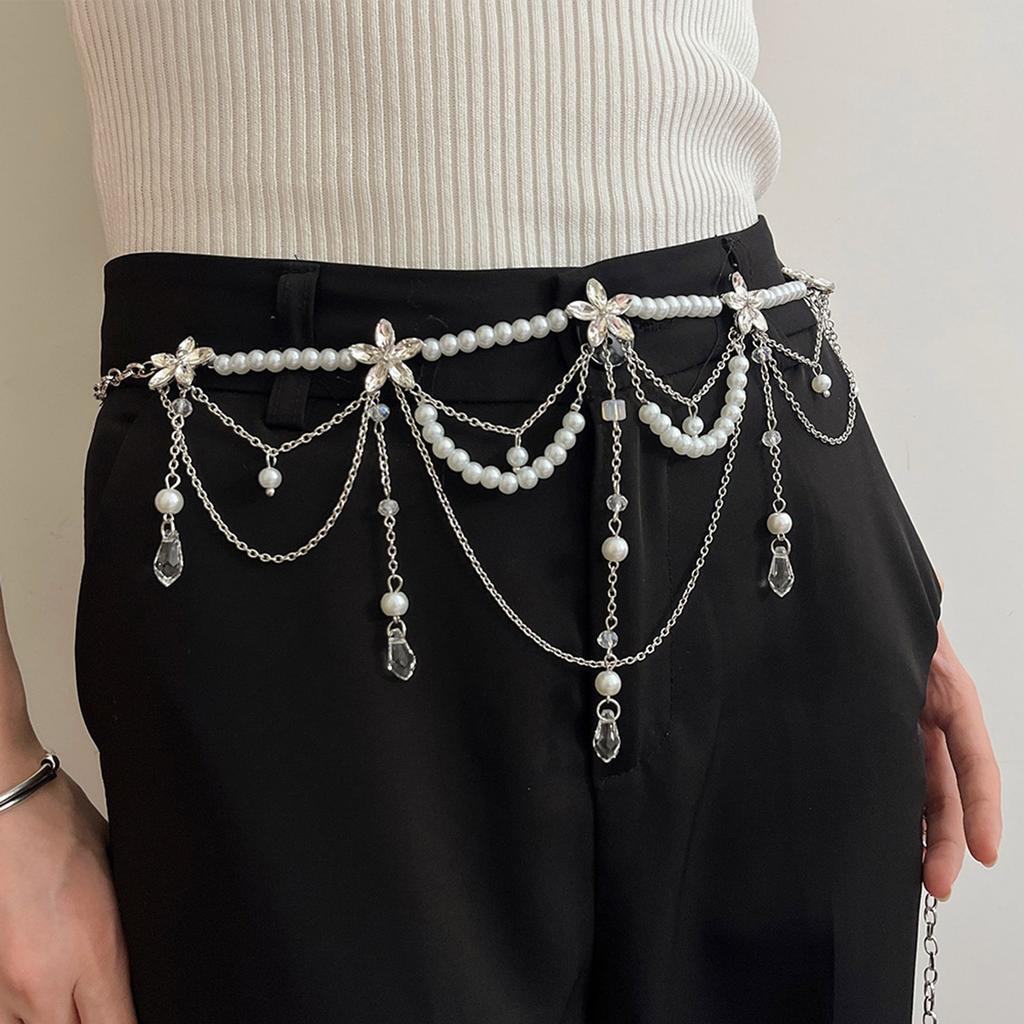 Trendy Long Metal Pearl Waistband Silver Hip Belly Chain for Women Perfect for Sweater Dresses and Rave Outfits
