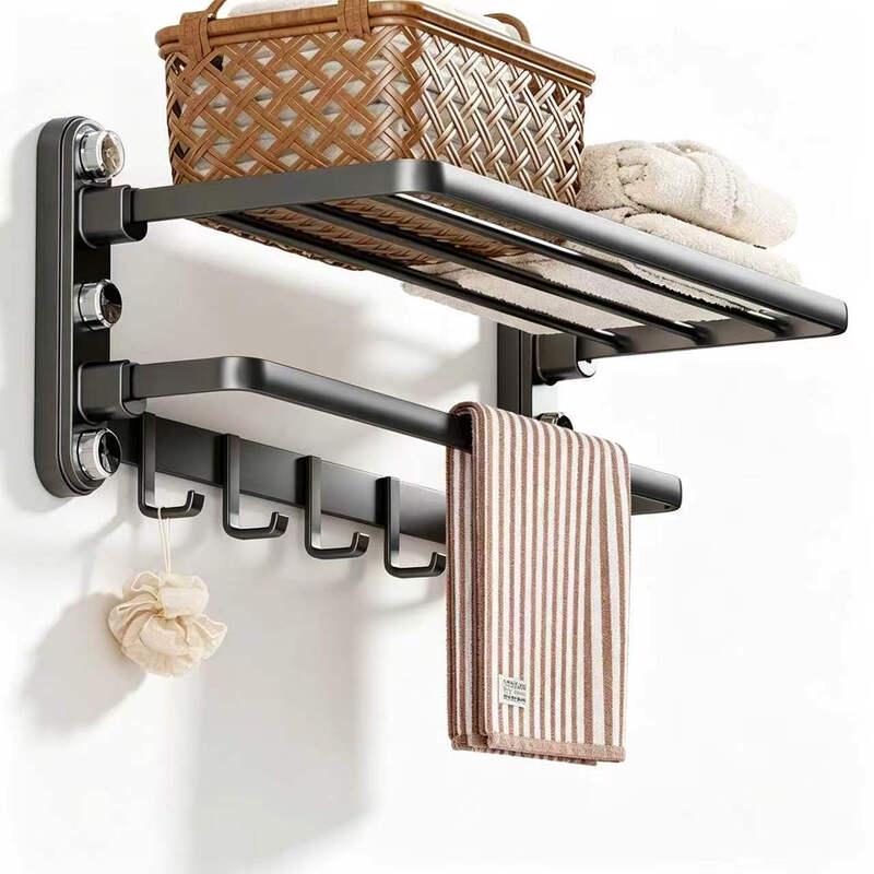 Folding Punch-Free Bathroom Towel Rack with Storage Shelf
