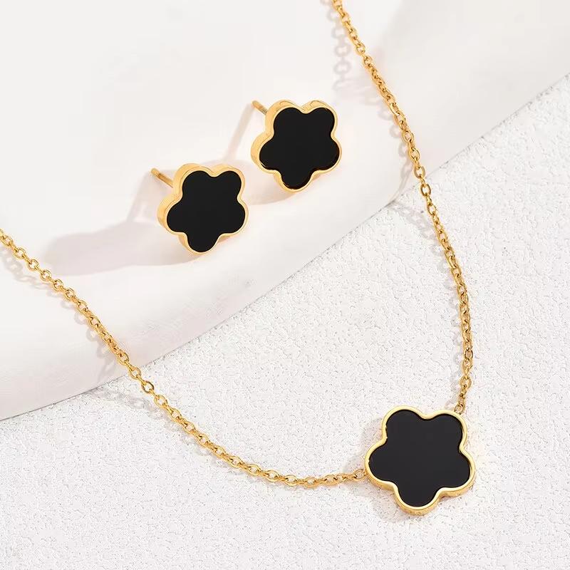 Conjunto de Joyería Minimalista de Trébol de Cuatro Hojas para Mujer Chapado en Oro Esmalte Negro/Blanco Madre Perla Conjunto de Collar y Pendientes