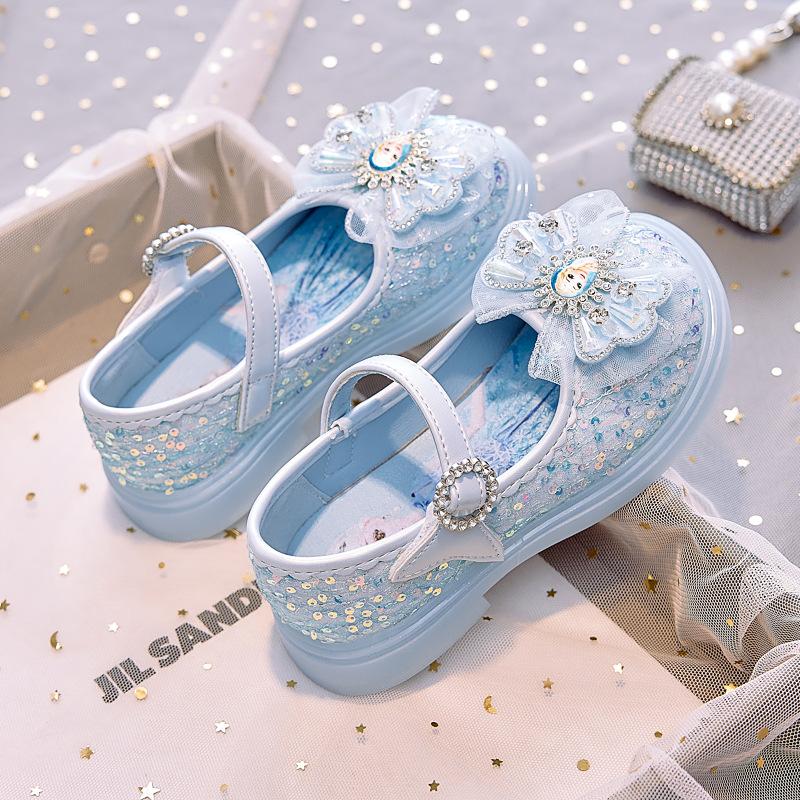 

Туфли принцессы для девочек на весну и осень, мягкая подошва, женские сокровища, маленькие кожаные туфли с блестками, в иностранном стиле, для девочек, танцевальные туфли для выступлений, Chi 23-14.5CM синий