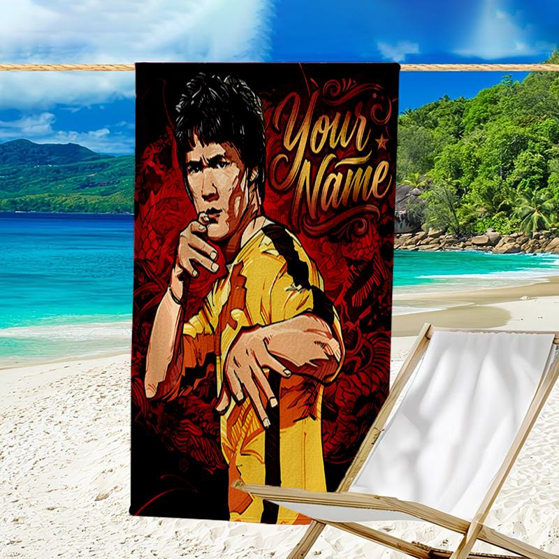 Custom Name Beach Towel Dynamic Bruce-Lee Pose Beach Towel, Soft Microfiber, Gift for Her/Him, Birthday, for Pool, Beach, Travel, Fan gifts
