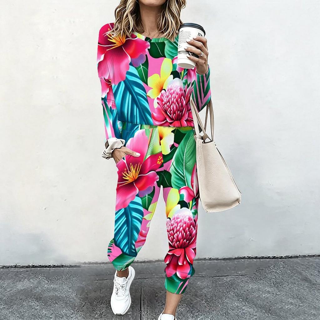 Female Oversized Long Sleeve Top And Elastic Waist Trousers Two Piece Outfit For Daily Leisure Activities