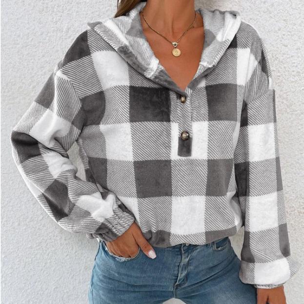 Autumn and Winter Women's Fashion Flannel Plaid Half Open Collar Nail Buckle Hooded Plush Sweater