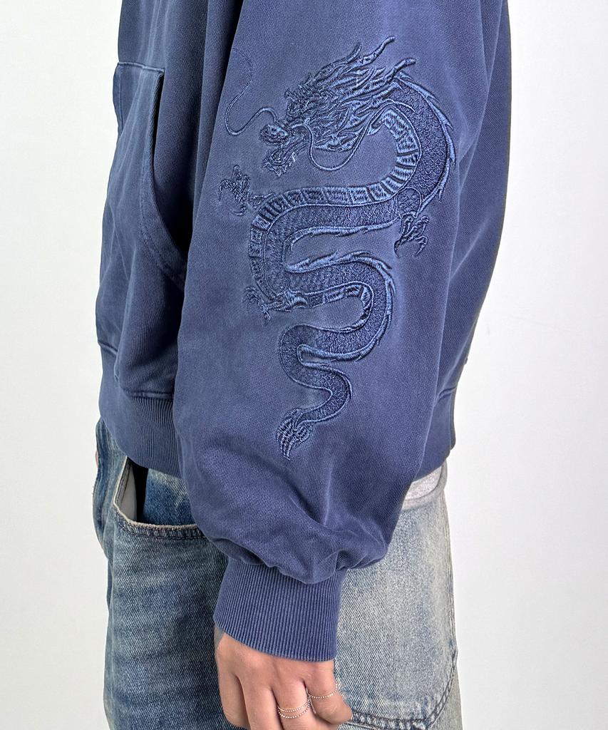 Vintage Dragon Embroidery Oversized Pigment Hoodie (Washed Blue)