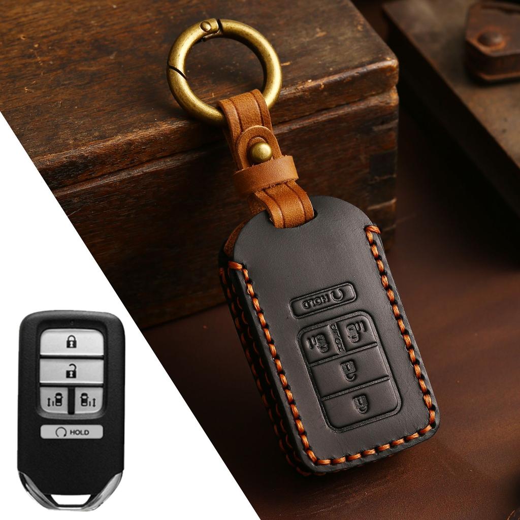 Leather Car Fob Key Cover Case Set for Honda Accord Civic Pilot Fit Smart Remote Keychain Accessories Holder Shell Protector