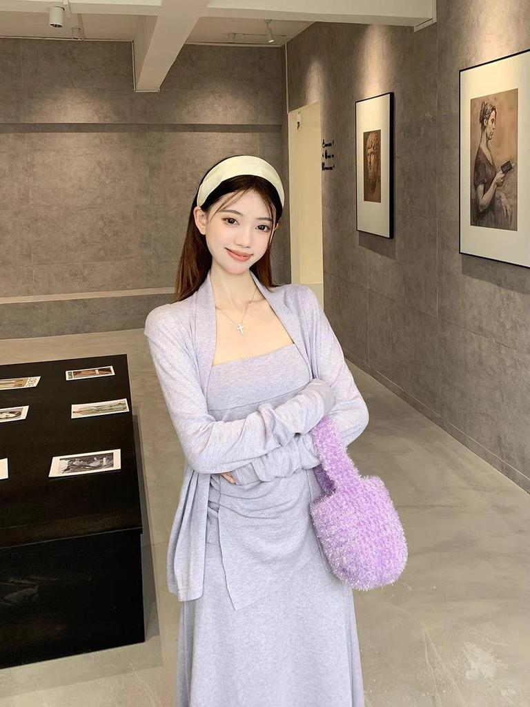 Gentle Style Women's Camisole & Cardigan Set with High-Waist Mermaid Skirt - Autumn/Winter Solid Colors