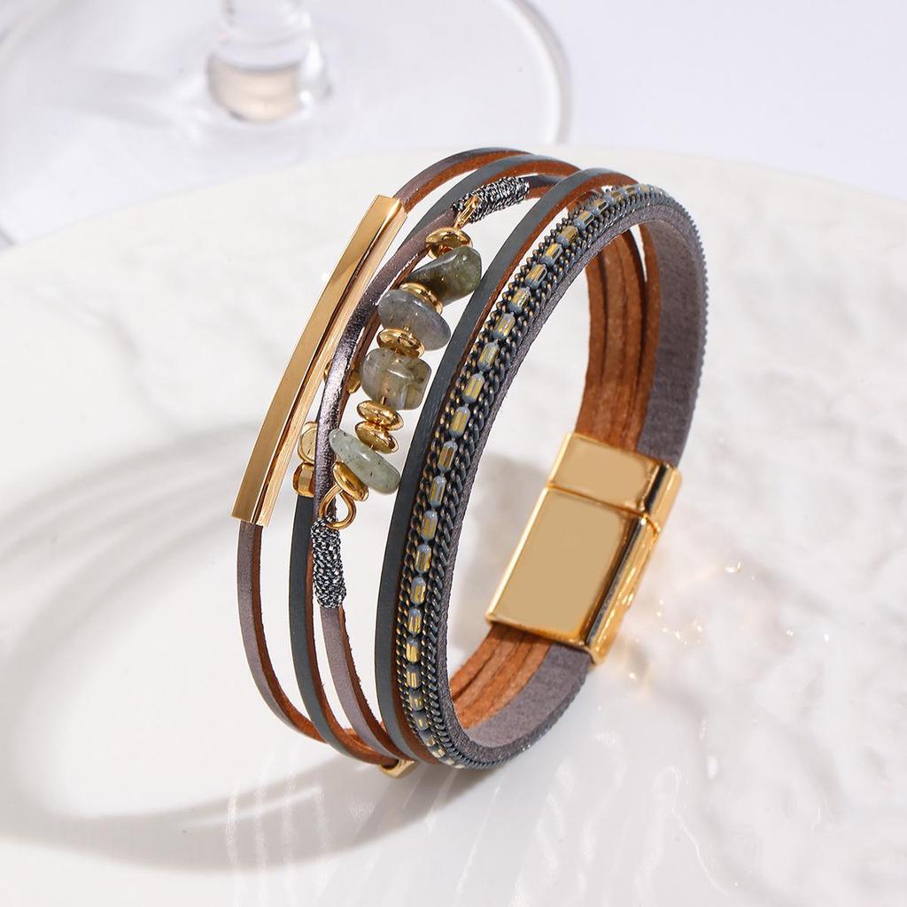 Bohemian Color Block Chip Bracelet with Magnetic Buckle – PU Leather, Trendy Niche Design